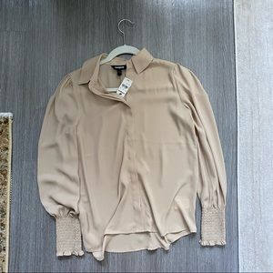 NWT sheer tan. button down with shirred sleeves